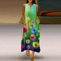 Летни Фустани За Жени V-Вратот Мода Печатени Глуждот Должина А-Линија Без Ракави Фустан Зелена И