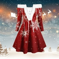 Божиќни Фустани За Сонце За Жени Женски Божиќни Печатени Пената Јака Долг Ракав Чипка Од Рамо Фустан