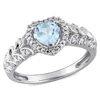 Miaенски Carat Carat T.G.W. Небо-сина топаз и дијамант акцент 10kt бело злато ореол срце прстен