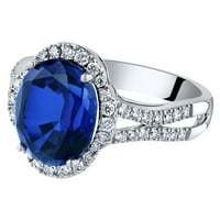 5. КТ овална форма креирана сина сафир ореол прстен со лабораториски дијаманти во 14к бело злато