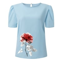 Женски Врвови Пуловер Блуза Со Кратки Ракави Печатени Тркалезни Деколте Сини