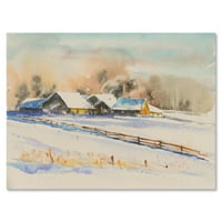 Мало село навечер покриено со снежно сликарство платно уметнички принт