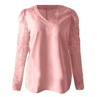 вендунид женски панталони Женска Мода Чипка Блуза Шупливи Долги Ракави В-Вратот Врвот Розова М