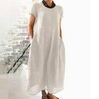 дами лето удобно лабава цврста боја краток ракав памук лен долг фустан