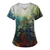 Жените Мода Пролет И Лето Цвет Масло Сликарство Печатење V Вратот Краток Ракав Работна Облека Со Џебови Врвови М